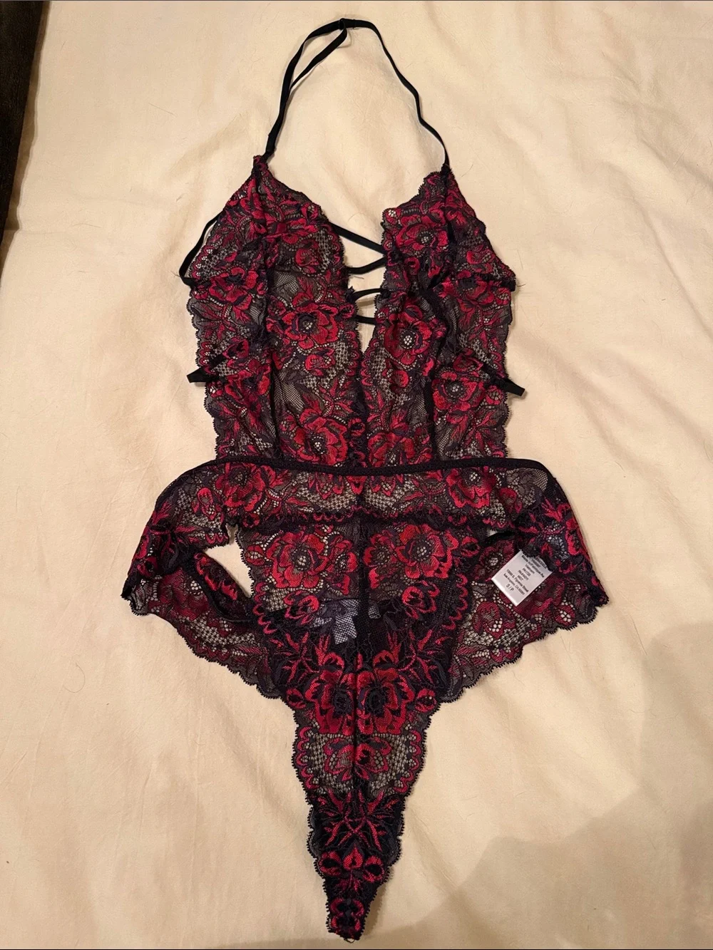 Lace Halter Bodysuit Teddy in Burgundy and Black